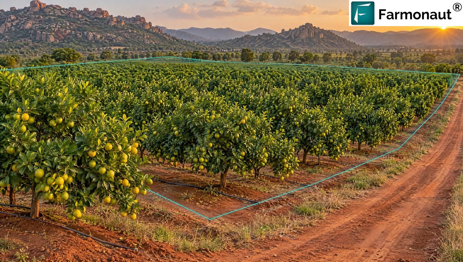 Lemon And Sweet Lime Orchard In Andhra Pradesh India With Citrus Trees Heavy With Fruit On Red Soil And The Orchard Boundary Outlined As A Digital Map Polygon