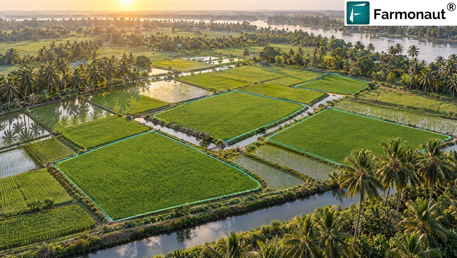 Aerial View Of Paddy Fields In The Cauvery Delta Of Tamil Nadu India With Four Plots Outlined As Digital Map Polygons, Irrigation Channels And Coconut Palms