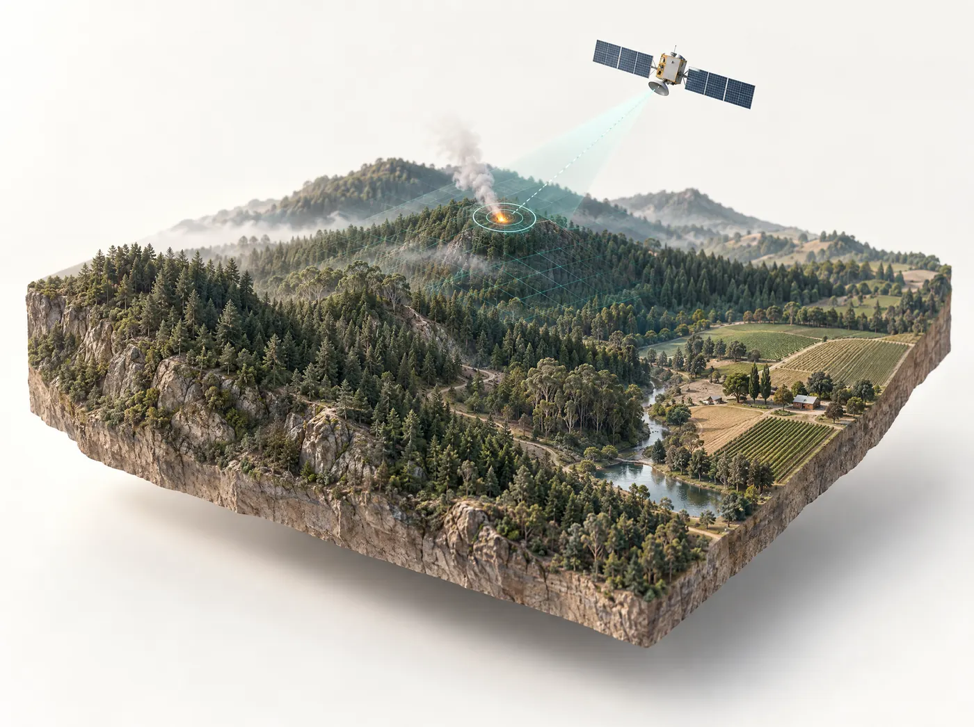 Forested Hills With A Small Smoke Plume Flagged By A Satellite Detection Ring