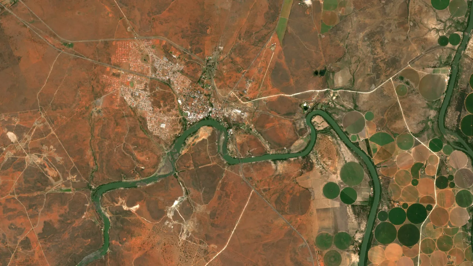 Diamond Mines In The Northern Cape: Kareevlei, Finsch 1 Sentinel-2 Satellite View Of Barkly West Diamond Diggings On The Vaal River, Northern Cape, South Africa