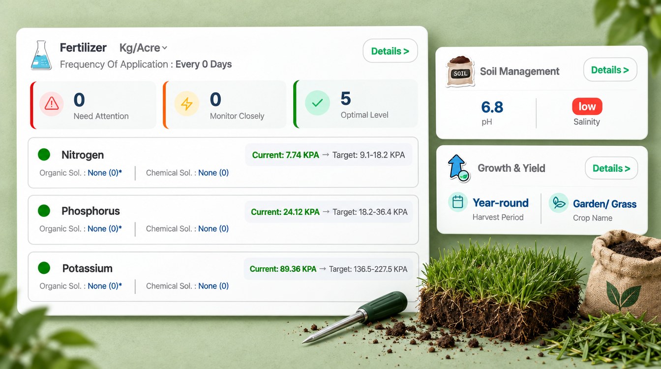 Satellite Turf Health Monitoring: A California Case Study 5 Turf Fertilizer Card With Organic And Chemical Options, Plus Soil And Growth Cards From A Farmonaut Advisory (Illustration Based On The Real Advisory, Names Redacted)