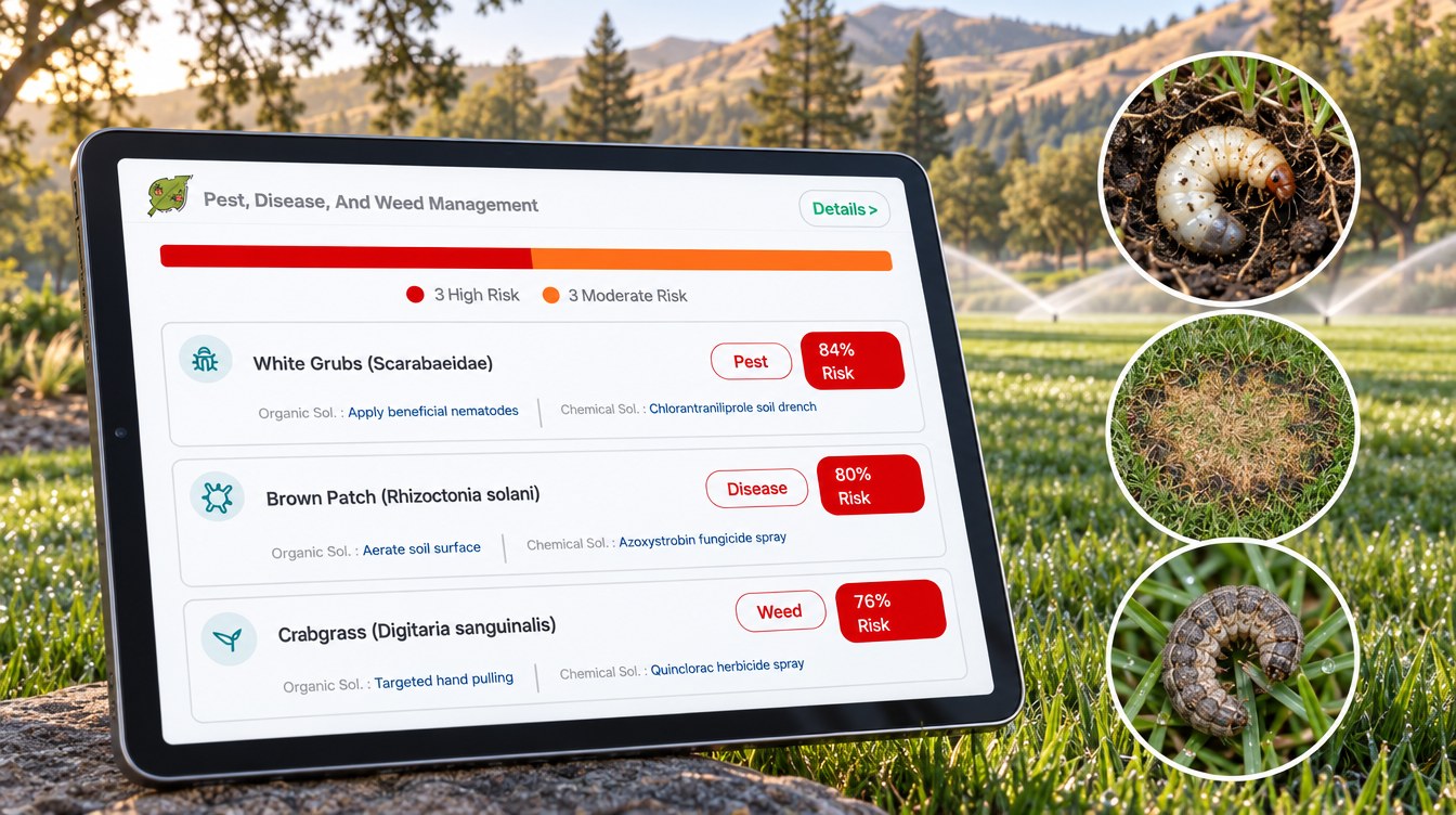Satellite Turf Health Monitoring: A California Case Study 3 Turf Pest, Disease And Weed Risk Scores From A Farmonaut Advisory: White Grubs 84%, Brown Patch 80%, Crabgrass 76% (Illustration Based On The Real Advisory)