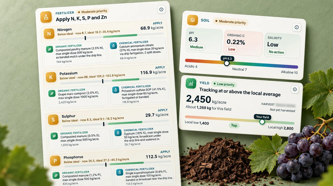 Satellite Vineyard Monitoring: A Victoria Pinot Case Study 5 Vineyard Fertilizer Plan With Organic And Chemical Options, Soil And Yield Cards From A Farmonaut Advisory (Illustration Based On The Real Advisory, Names Redacted)
