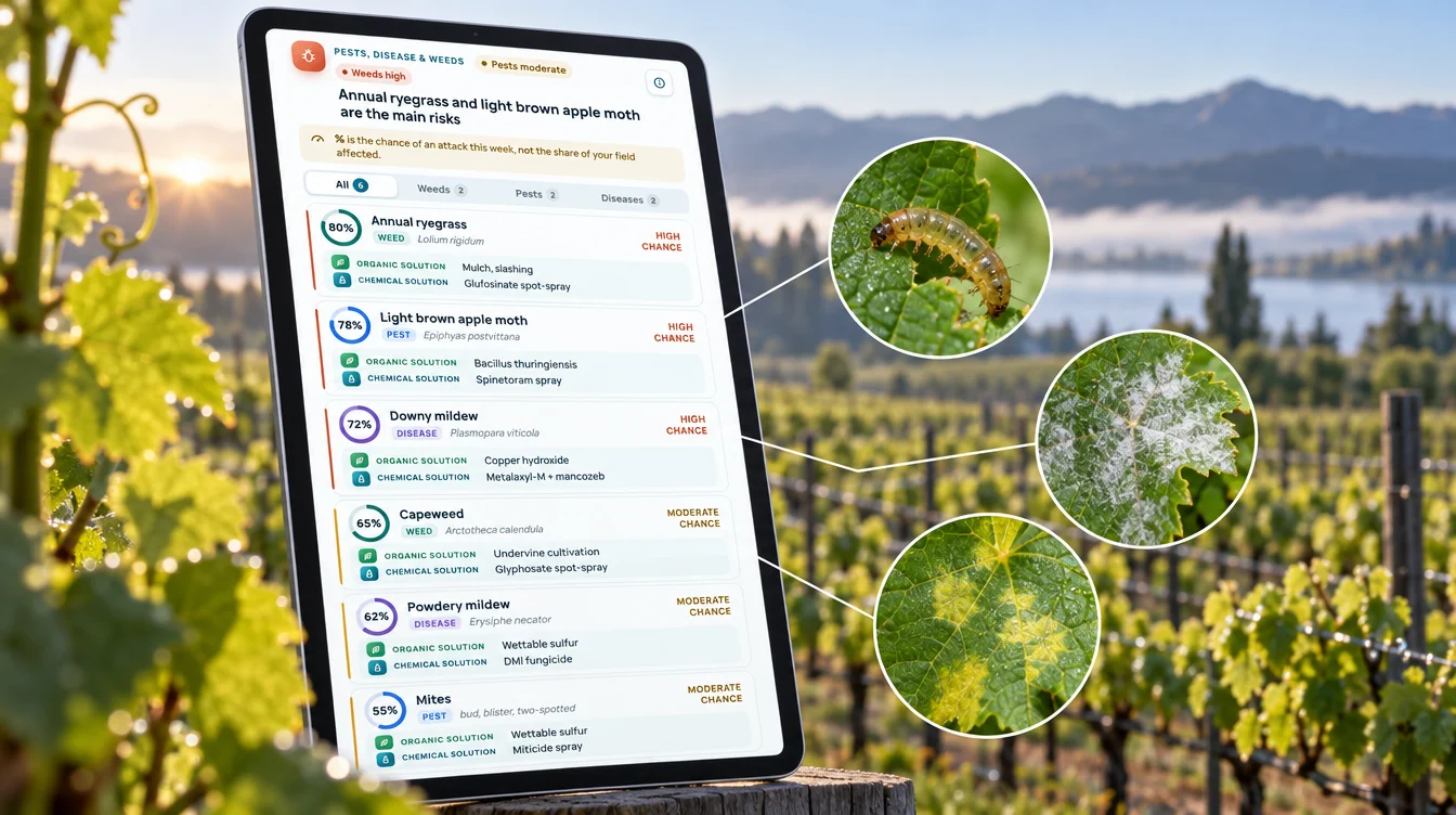 Satellite Vineyard Monitoring: A Victoria Pinot Case Study 4 Vineyard Pest, Disease And Weed Risk Scores From A Farmonaut Advisory, Including Light Brown Apple Moth, Downy Mildew And Powdery Mildew (Illustration Based On The Real Advisory)