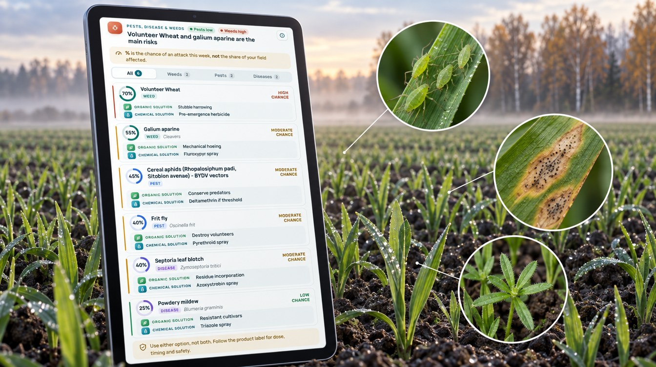 Wheat Pest, Disease And Weed Risk Scores From A Farmonaut Advisory, Including Cereal Aphids At 45% And Septoria Leaf Blotch At 40% (Illustration Based On The Real Advisory)