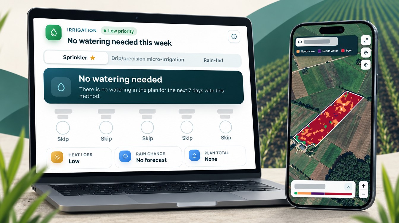 Winter Wheat Monitoring In Lithuania: Farmonaut Irrigation Plan And Satellite Crop-Health Map Of A Newly Emerged Field (Illustration Based On The Real Advisory, Names Redacted)